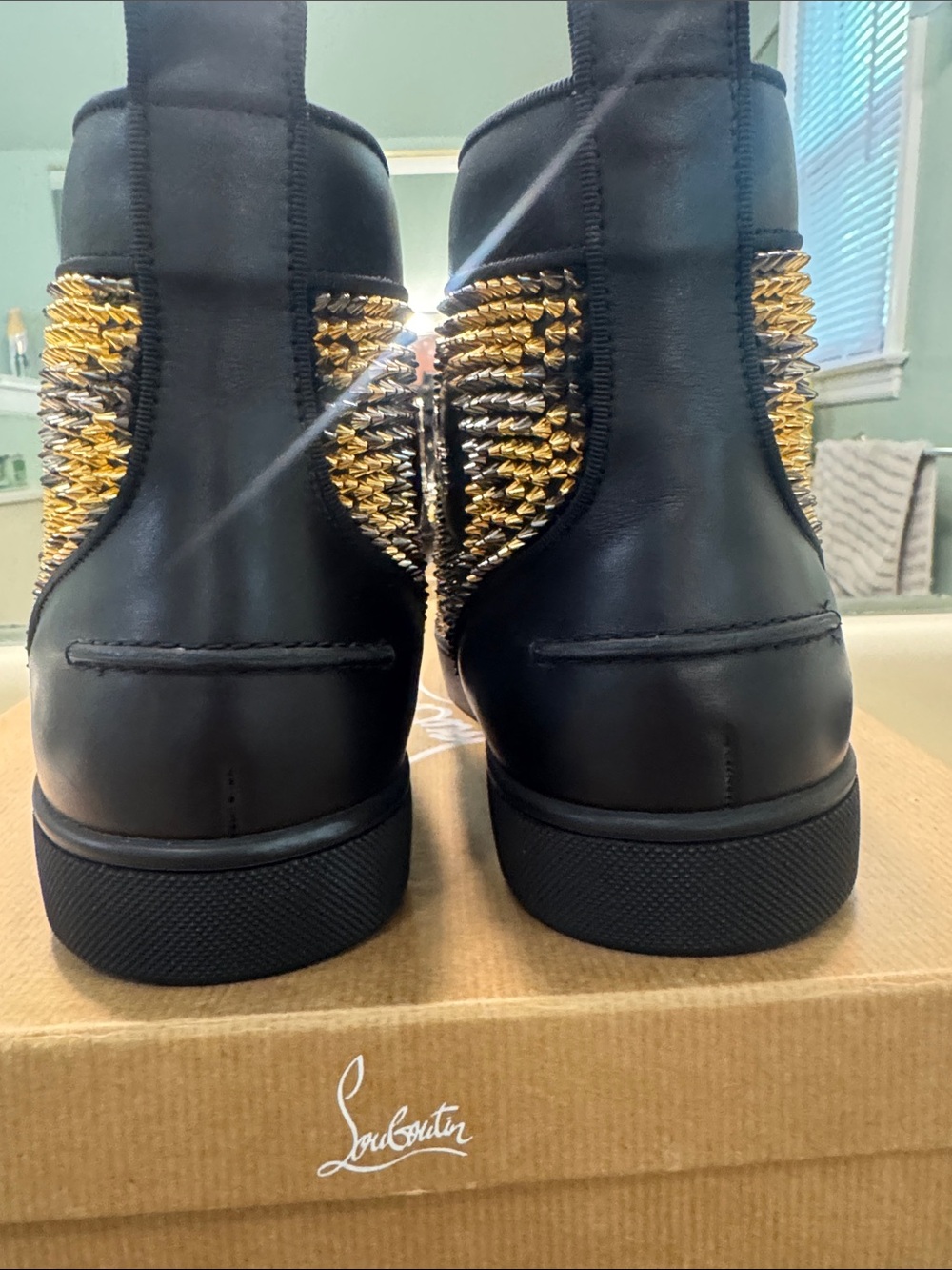 Christian Louboutin Black and Gold Spike-Embellished High-Top Sneakers - Picture 11 of 13